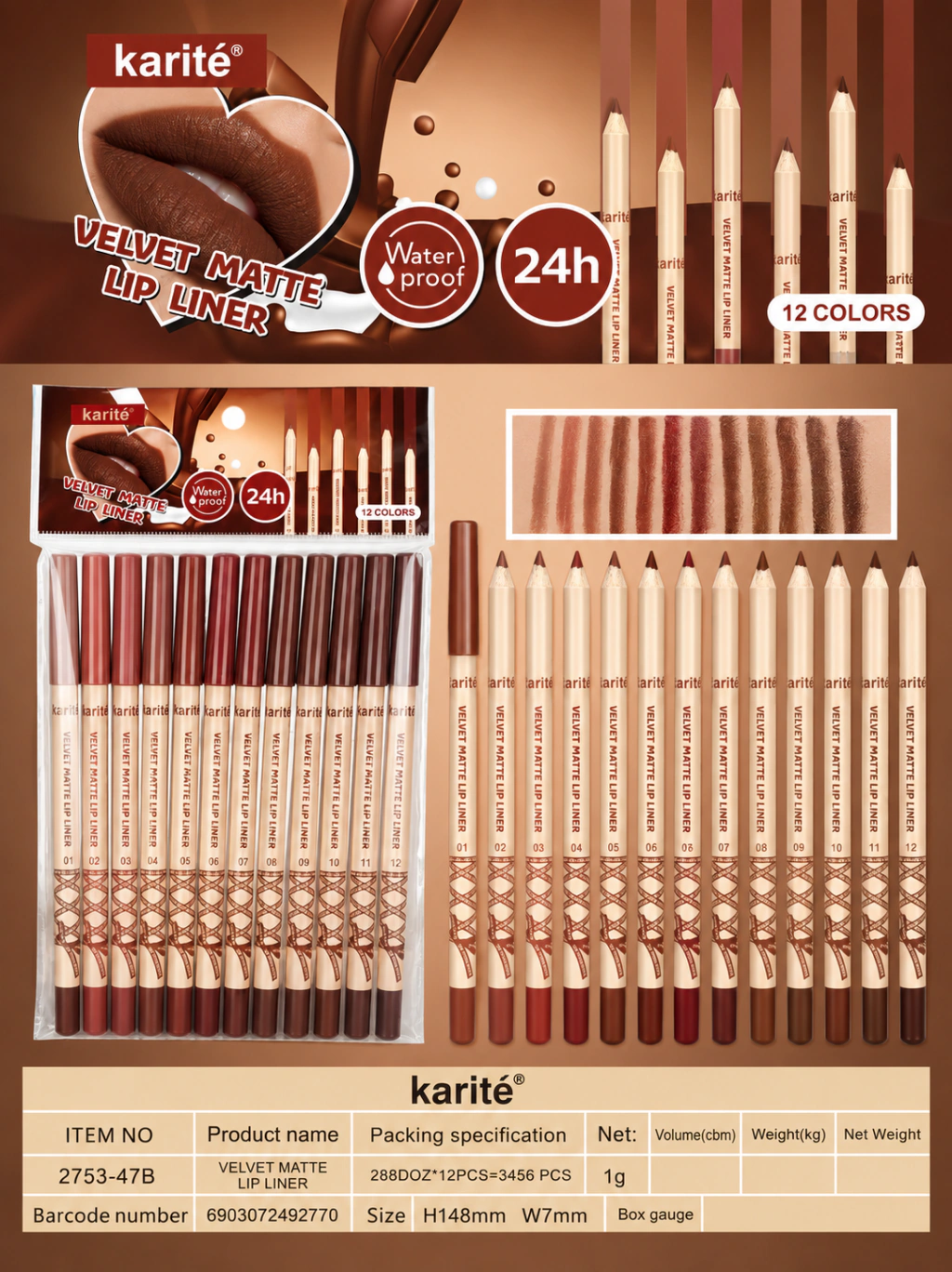 Delineador de labios Chocolate Velvet Matte Karite pack x 12u
